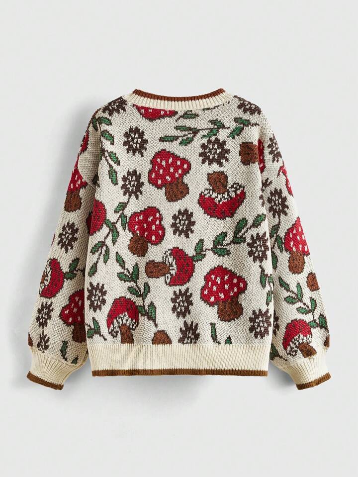 Fairycore Plus Size Cute Mushroom Pattern Detail Relaxed Fit Pullover Sweater, For Winter