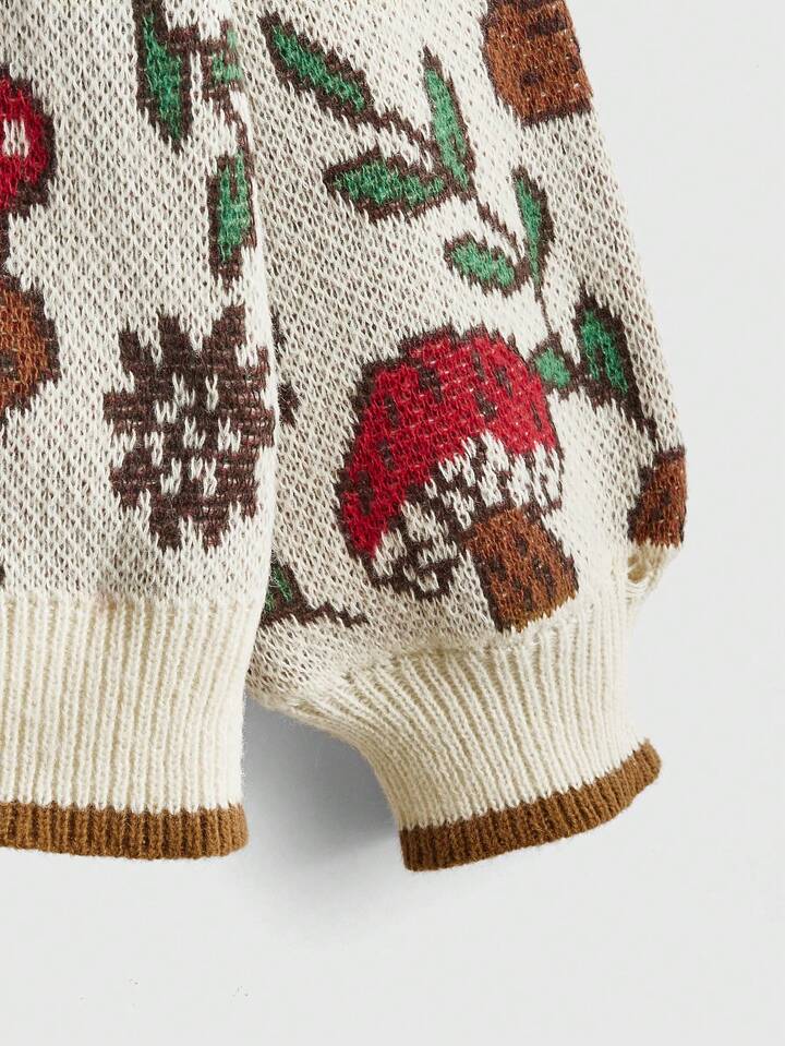 Fairycore Plus Size Cute Mushroom Pattern Detail Relaxed Fit Pullover Sweater, For Winter