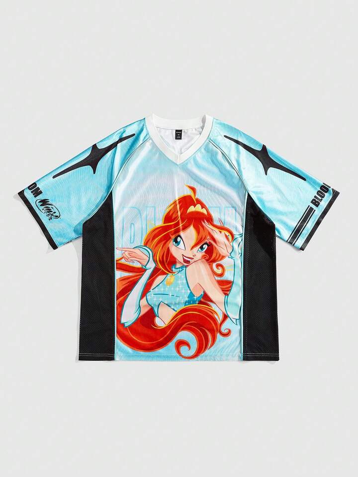 Winx Club X ROMWE Men's Casual Colorblock Cartoon Print V-Neck Short Sleeve T-Shirt