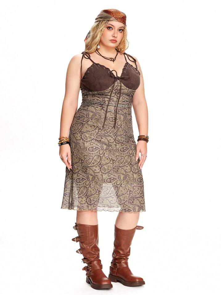 Hippie Plus Size Solid Color Splicing Spaghetti Strap Tie Waist Casual Dress