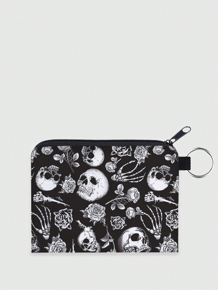 Goth Black Skull & Rose Patterned Polyester Portable Zipper Coin Purse, Women's Small Wallet, Holiday Gift