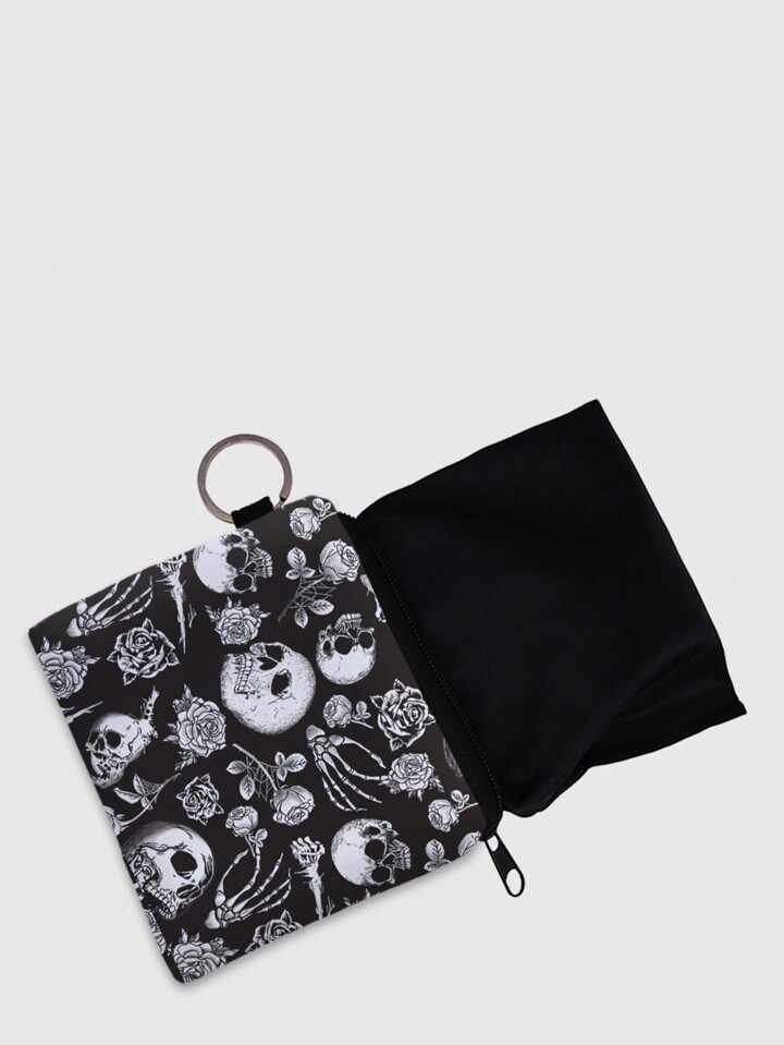 Goth Black Skull & Rose Patterned Polyester Portable Zipper Coin Purse, Women's Small Wallet, Holiday Gift