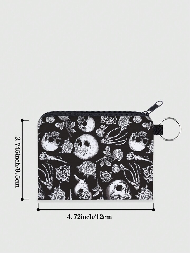 Goth Black Skull & Rose Patterned Polyester Portable Zipper Coin Purse, Women's Small Wallet, Holiday Gift