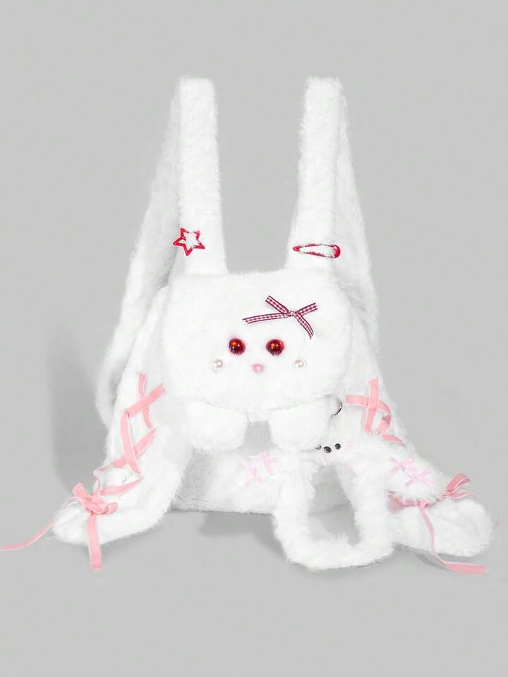 Kawaii 1pc Cute Little Rabbit Plush Backpack, A Sweet Girl Cartoon Bow Decoration Autumn And Winter Bag, A Versatile Japanese Style Card Decoration Bag