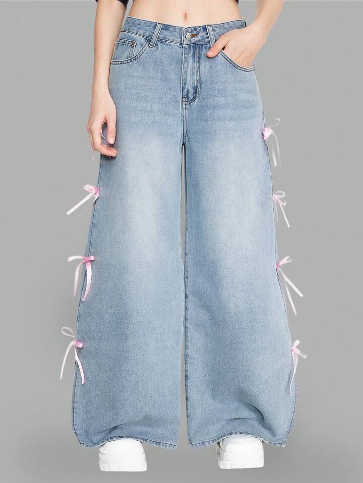 Kawaii Vintage Y2K Light Blue Bow Embroidered Flared Leg Wide Leg Loose Pants For Women