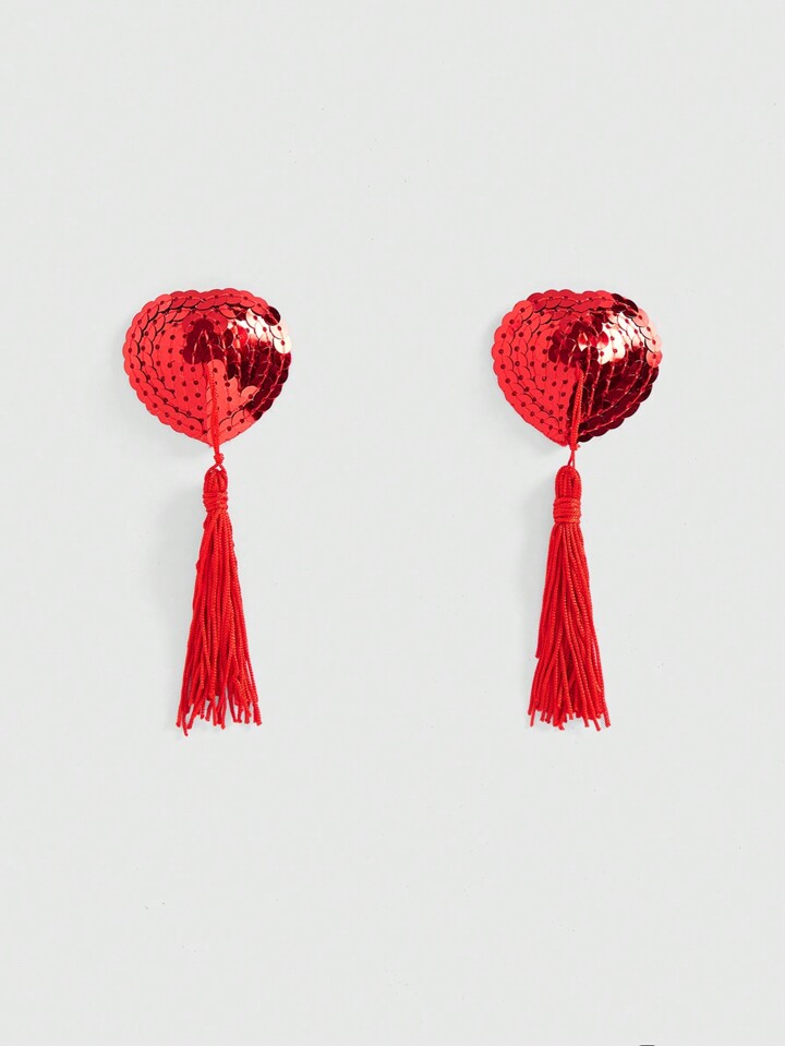 ROMWE Avant 1pair Glitter Sequin Heart Shaped Tassel Nipple Pasties, For Rave