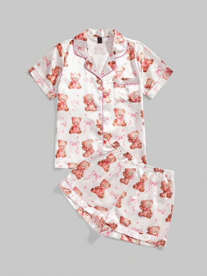 Cute Kawaii Sweet Watercolor Bear, Teddy Bear, Bow Print Short Sleeve Shorts Pajama Set For Women