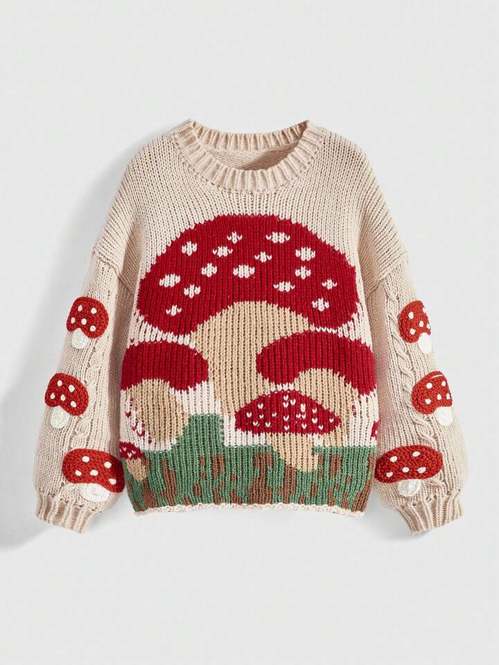 Fairycore Plus Size Plus Size Mushroom Embroidered Graphic Loose Knit Pullover Sweater/Winter