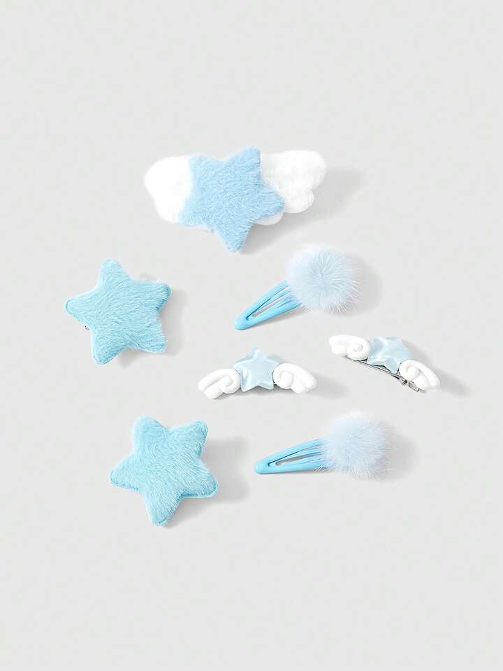 Goth 7 Random Styles Of Handmade Hairpins, Blue Hairball, Wings And Star Combination Hairpins, Cute Furry Hair Accessories .