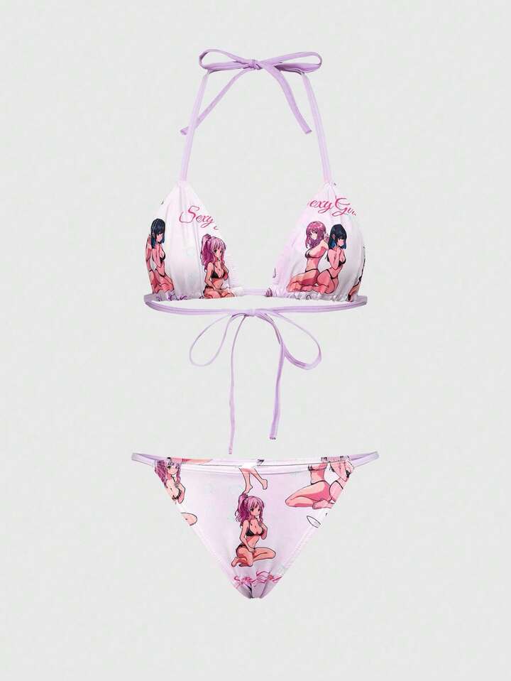2-Piece Anime Inspired Soft Cup Tie-Front Swimsuit Set For Women, For Valentine's Day