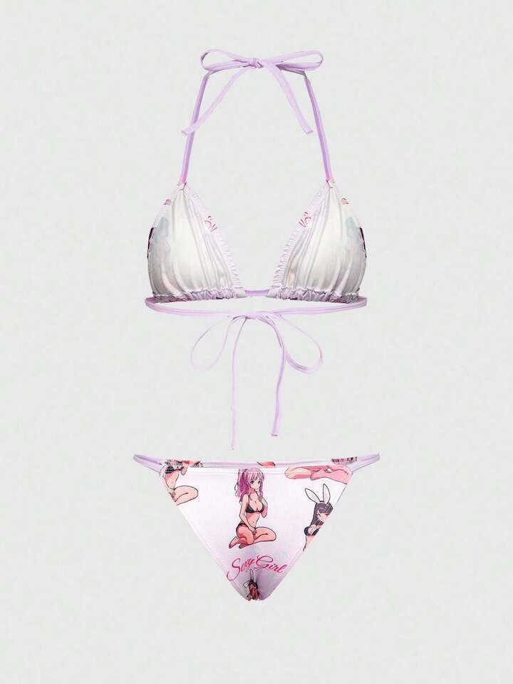 2-Piece Anime Inspired Soft Cup Tie-Front Swimsuit Set For Women, For Valentine's Day