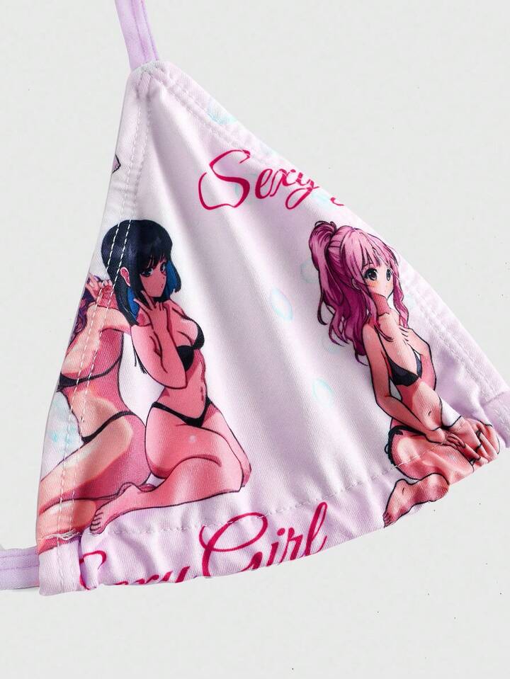 2-Piece Anime Inspired Soft Cup Tie-Front Swimsuit Set For Women, For Valentine's Day