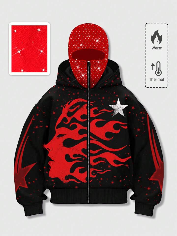 Goth Men's Autumn/Winter Stylish Dark Flame Figure & Star Print Hooded Face Mask Zip-Up Thermal Lined Warm Sweatshirt