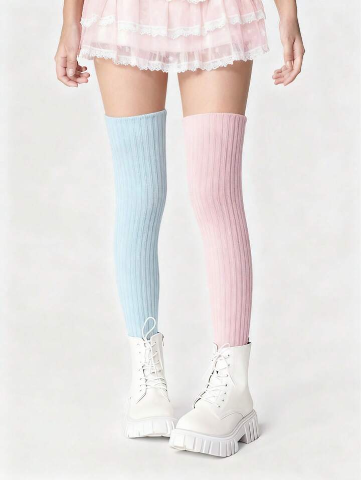 Kawaii 2 Pairs Of Color Knitted Super Long Leg Covers, Knee-Length Stacked Socks Covers For Warmth In Autumn And Winter, Daily Cute Basic Solid-Color Long Boot Covers