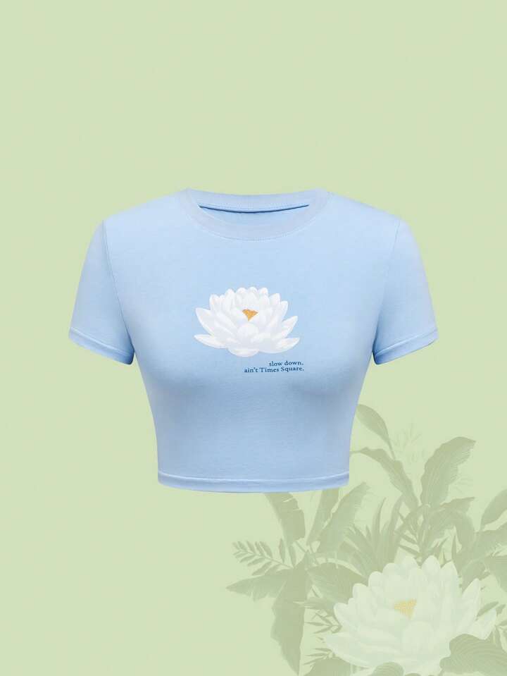 The White Lotus Women Floral Print Slim Fit Cropped Round Neck Short Sleeve T-Shirt