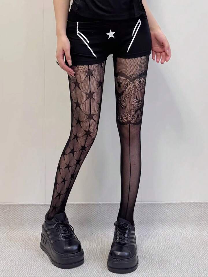 ROMWE Avant 1 Pair Of Sexy Floral Lace Fishnet Socks, Retro Black Pantyhose, Light And Elastic Transparent Stockings