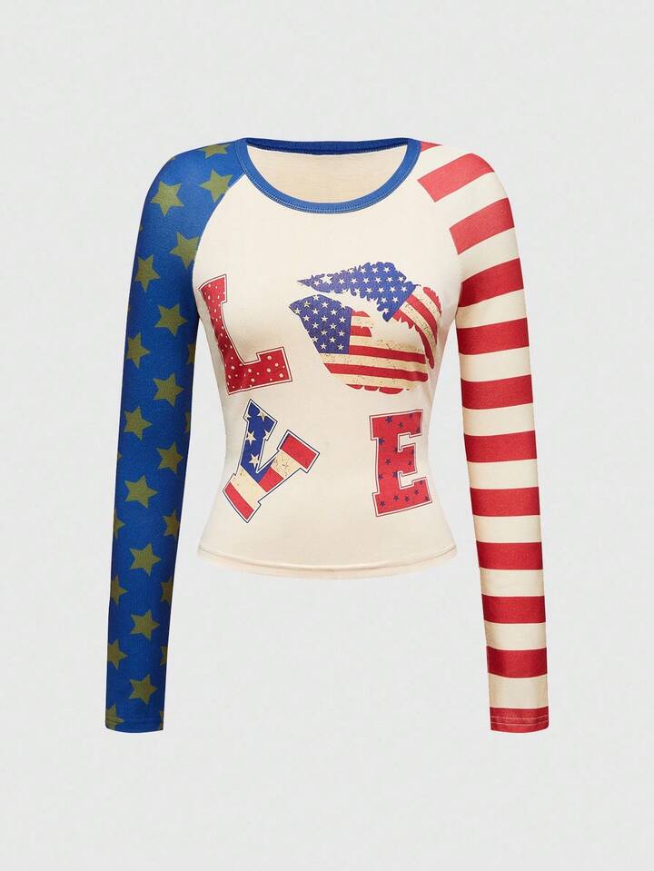 ROMWE Avant Y2K Retro American Street Style US Flag & Lipstick Print Star Striped Women T-Shirt
