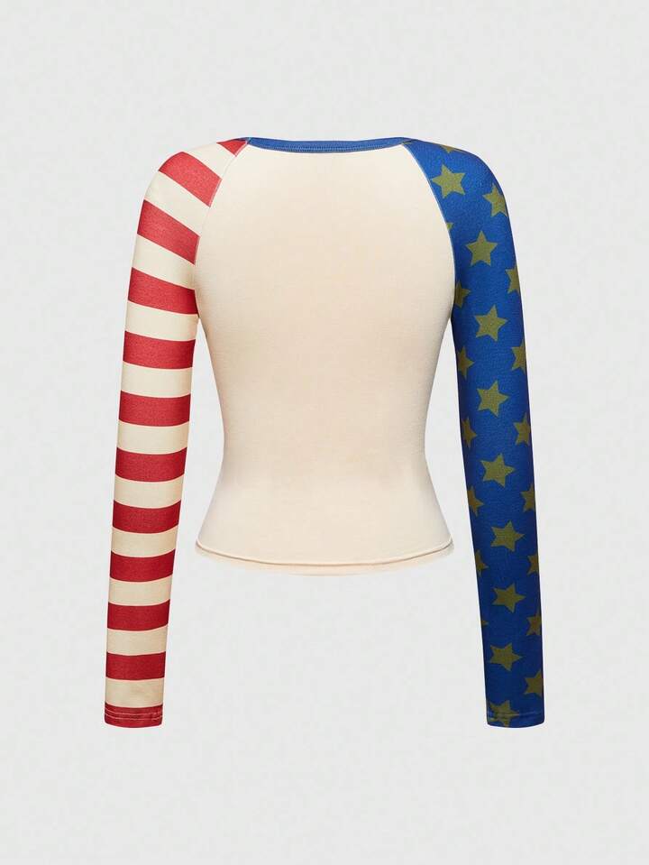 ROMWE Avant Y2K Retro American Street Style US Flag & Lipstick Print Star Striped Women T-Shirt 2 ROMWE Avant Y2K Retro American Street Style US Flag & Lipstick Print Star Striped Women T-Shirt