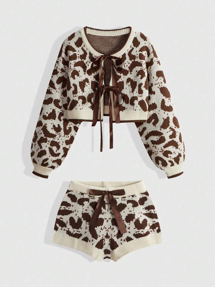 Kawaii 2pcs/Set Women Leopard Print Bow Decor Sweater