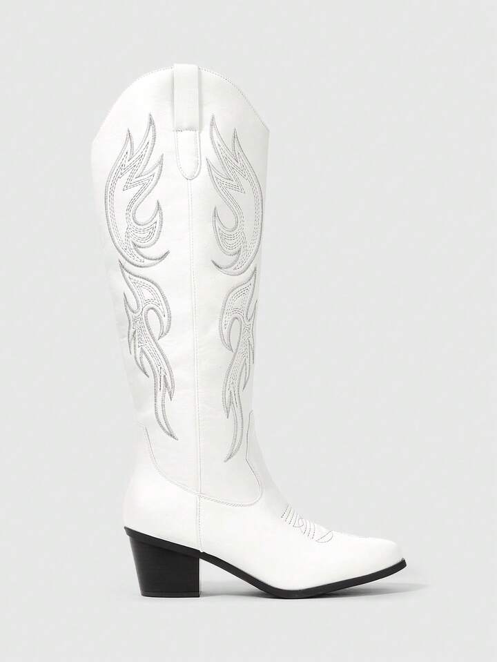 Fairycore Women's Totem Embroidery Pointed Toe Chunky Heel PU Retro Western Boots, White, Casual Outdoor Campus