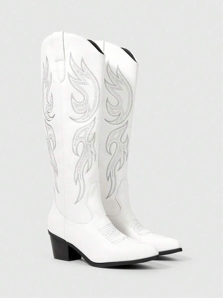 Fairycore Women's Totem Embroidery Pointed Toe Chunky Heel PU Retro Western Boots, White, Casual Outdoor Campus 2 Fairycore Women's Totem Embroidery Pointed Toe Chunky Heel PU Retro Western Boots, White, Casual Outdoor Campus