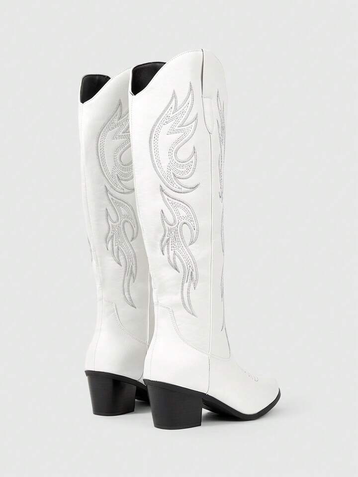 Fairycore Women's Totem Embroidery Pointed Toe Chunky Heel PU Retro Western Boots, White, Casual Outdoor Campus 3 Fairycore Women's Totem Embroidery Pointed Toe Chunky Heel PU Retro Western Boots, White, Casual Outdoor Campus
