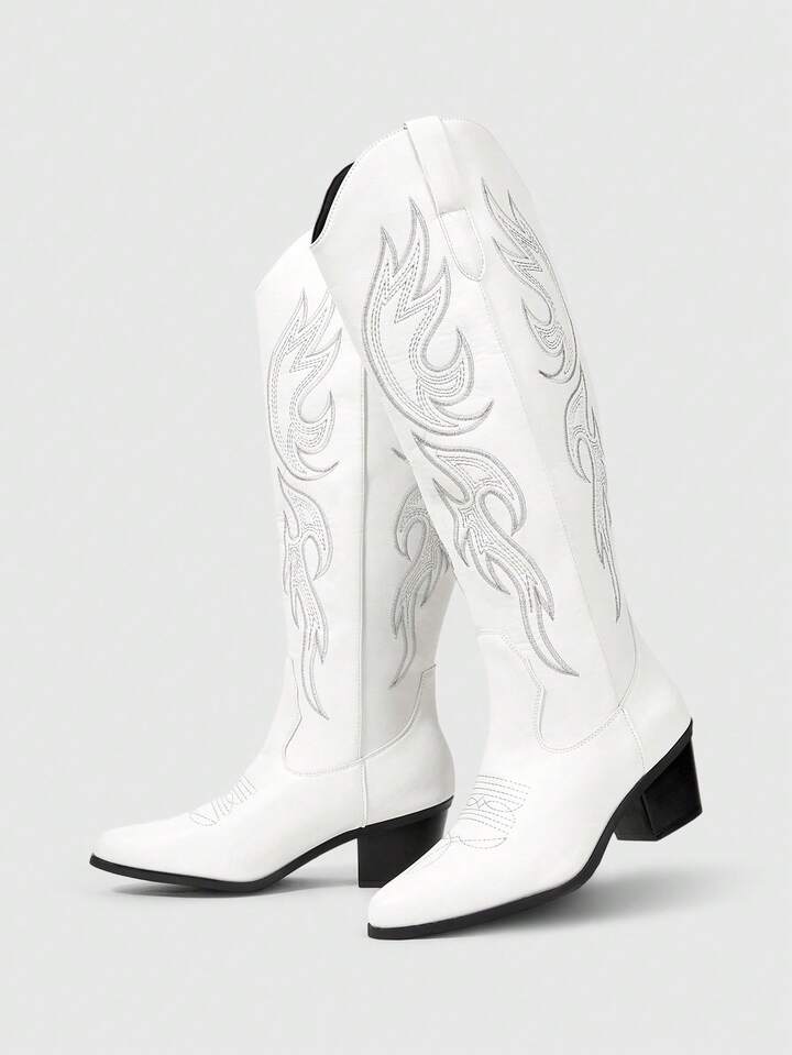 Fairycore Women's Totem Embroidery Pointed Toe Chunky Heel PU Retro Western Boots, White, Casual Outdoor Campus 5 Fairycore Women's Totem Embroidery Pointed Toe Chunky Heel PU Retro Western Boots, White, Casual Outdoor Campus