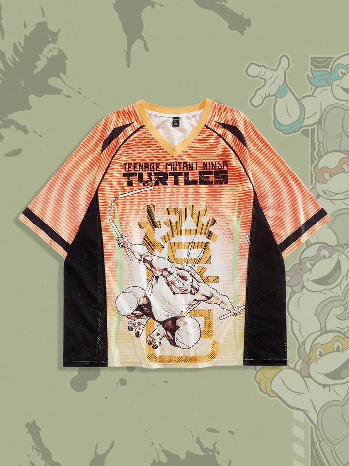 TEENAGE MUTANT NINJA TURTLES X ROMWE Men's Casual Colorblock Turtle Print Short Sleeve T-Shirt, Summer