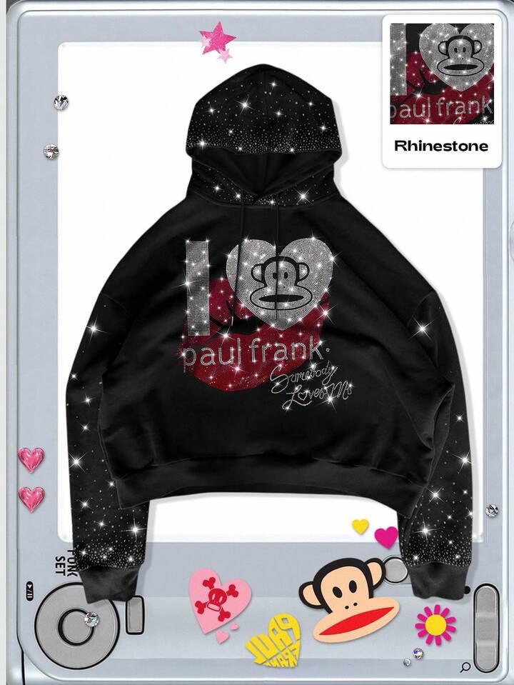 Paul Frank X ROMWE Men's Letter & Cartoon Rhinestone Decor Hoodie, Suitable For Everyday Wear, Autumn/Winter