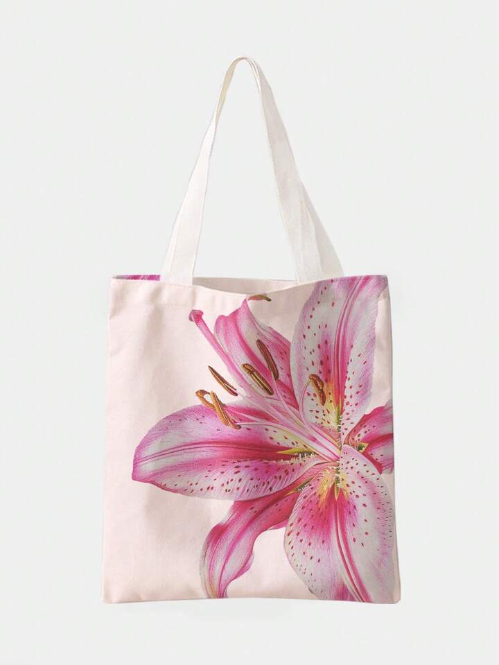 Kawaii Versatile Commuter & Travel Canvas Tote Bag With Double-Sided Large Flower Pattern, Pink