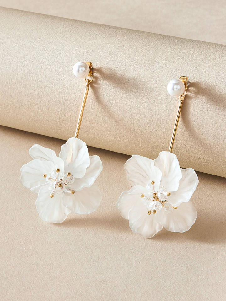 Andkiss 1pair Faux Pearl Decor Floral Drop Earrings