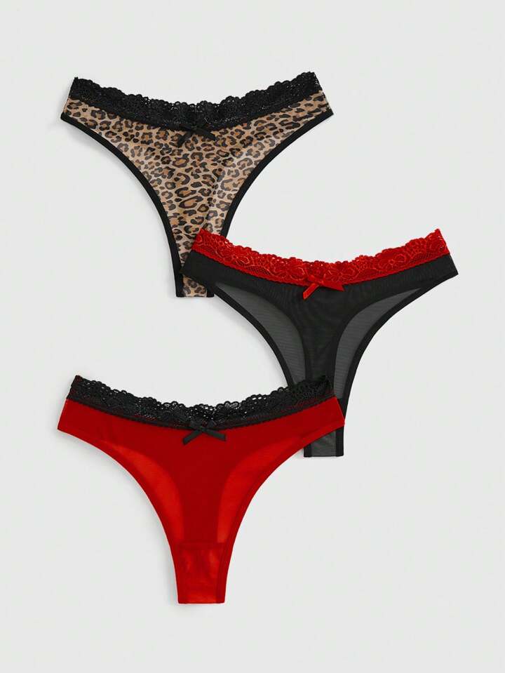 J-Fashion 3pcs/Set Plus Size Women Zebra Print Contrast Mesh Lace Patchwork Narrow Edge Panties