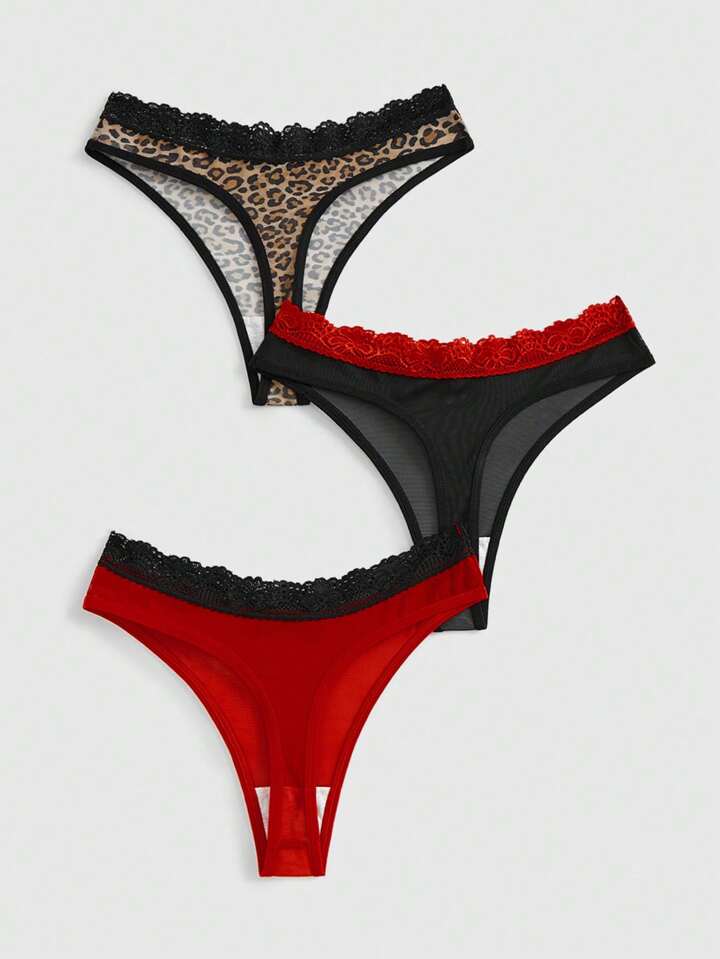 J-Fashion 3pcs/Set Plus Size Women Zebra Print Contrast Mesh Lace Patchwork Narrow Edge Panties