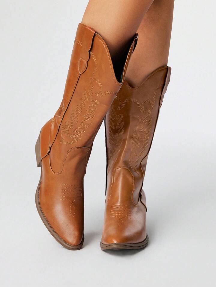 Fairycore Women's Brown Pointed Toe Low Heel Western Boots, Slip-On Riding Tall Boots, College Style Knee-High Boots, Embroidered V-Cut Slip-On Leather Boots, Mid-Calf Boots
