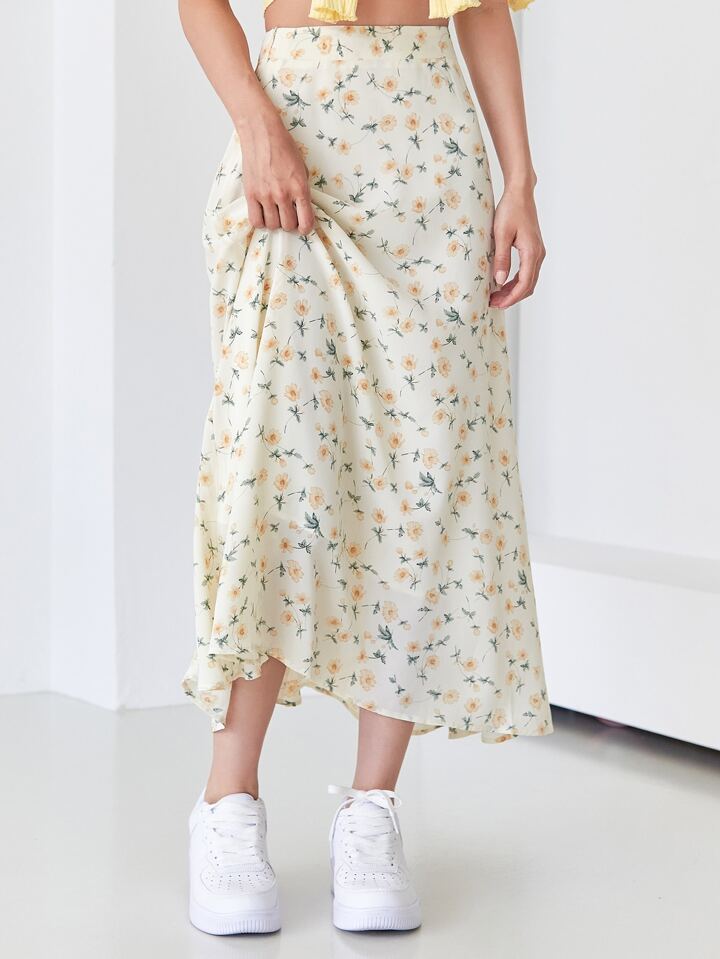 Allover Floral High Waist Skirt,Ruffle Fall