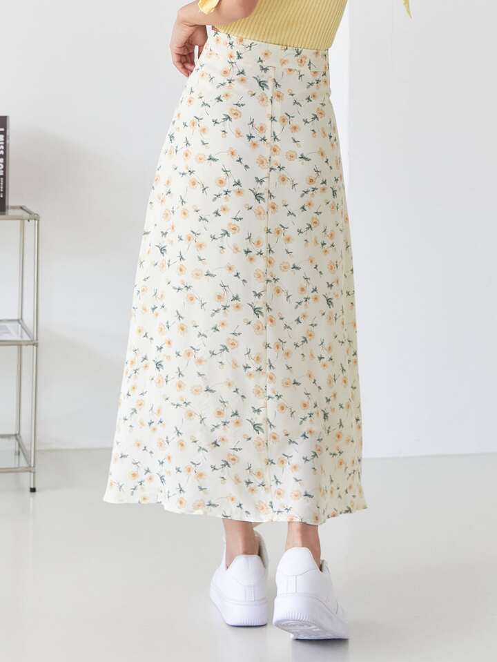 Allover Floral High Waist Skirt,Ruffle Fall