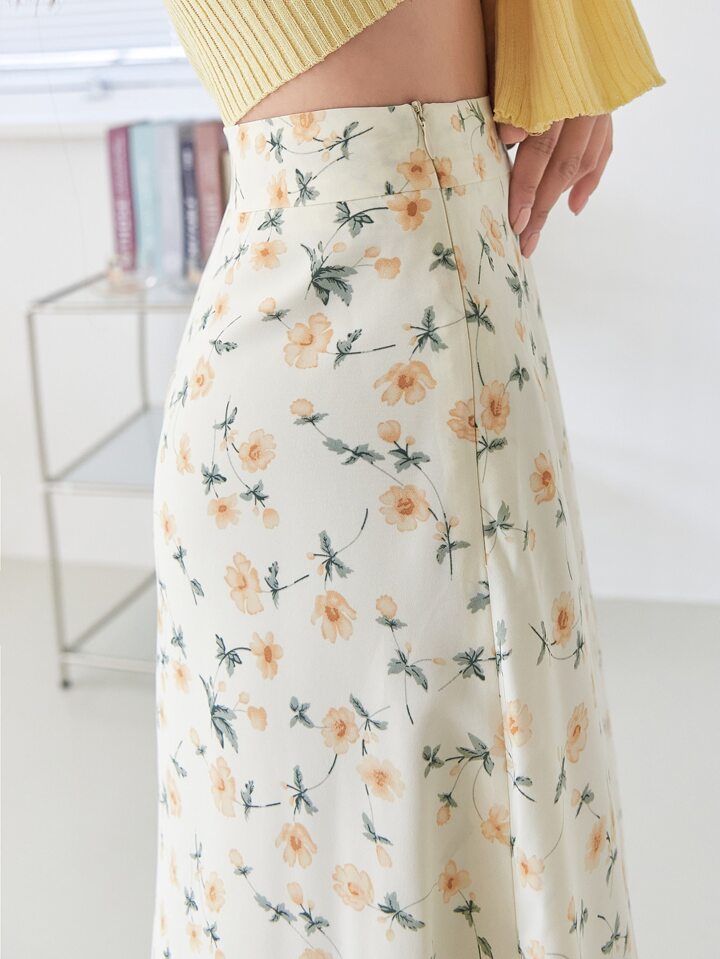Allover Floral High Waist Skirt,Ruffle Fall