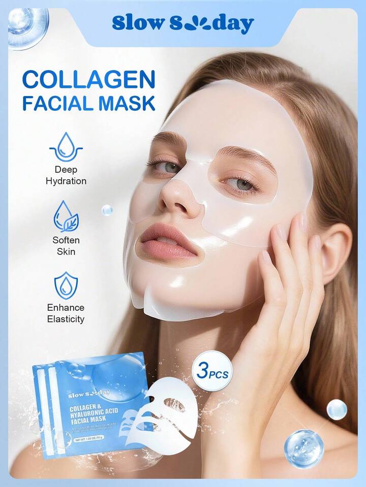 SlowSunday Collagen & Hyaluronic Acid Facial Mask 3pcs, Korean Collagen Mask, Jelly Collagen Face Mask, Deep Moisturizing, Improve Elasticity, Smooth Skin, K Beauty, For Valentine's Day, Valentines Gift, Valentines Day Gift, Ideal For Party