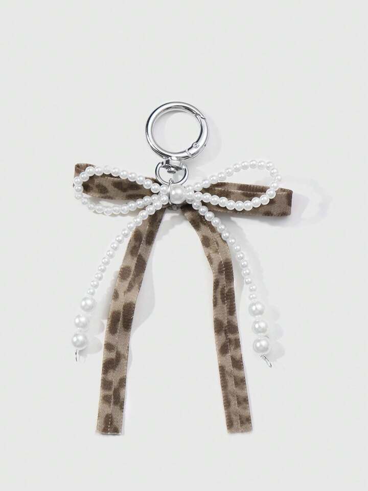 Kawaii 1pc Korean Chic & Stylish High-Quality Handmade Beaded White Faux Pearl, Brown Leopard Print, Velvet Ribbon Bow Keychain/Bag Charm, Suitable For Women, Daily Wear Or Gift
