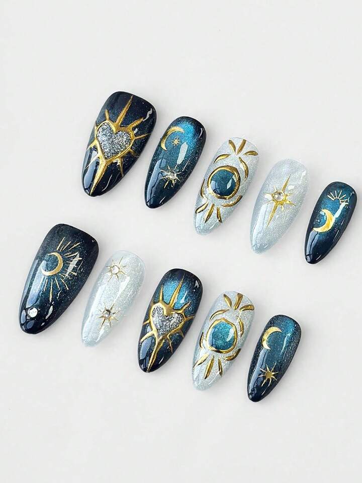 Fairycore 10pcs Star & Moon Handpainted False Nails + 3pcs Double-Sided Adhesive, High-Quality Detachable Almond-Shaped Nail Art With Rhinestone Cat Eye Bicolor, Suitable For Festivals, Parties, And Daily Wear