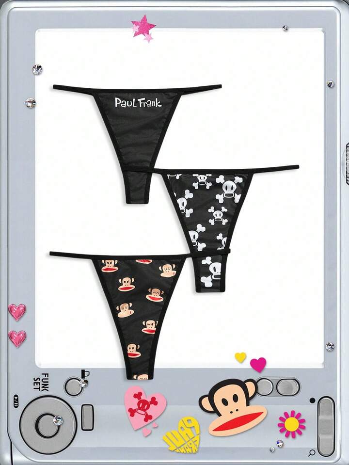 Paul Frank X ROMWE Women's 3pcs/Set Sexy Monkey Print Thong