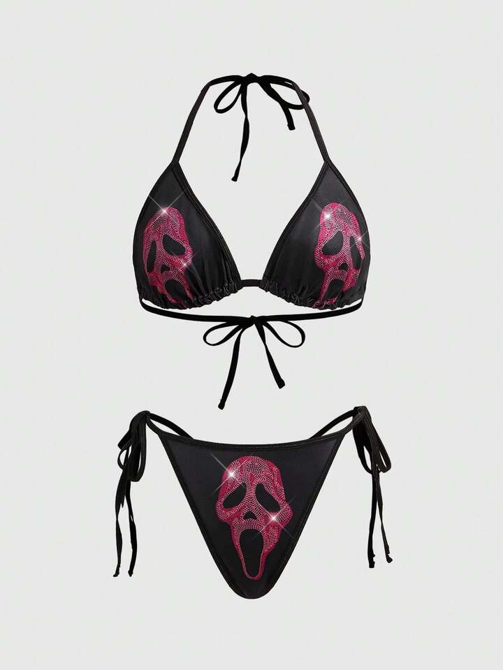 Gothic Skull Deadpool Rhinestone Decor Wireless Lace-Up Women Lingerie Set