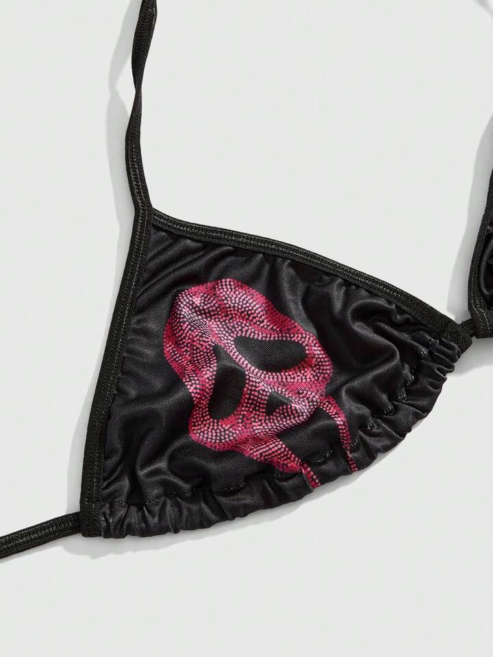 Gothic Skull Deadpool Rhinestone Decor Wireless Lace-Up Women Lingerie Set 3 Gothic Skull Deadpool Rhinestone Decor Wireless Lace-Up Women Lingerie Set