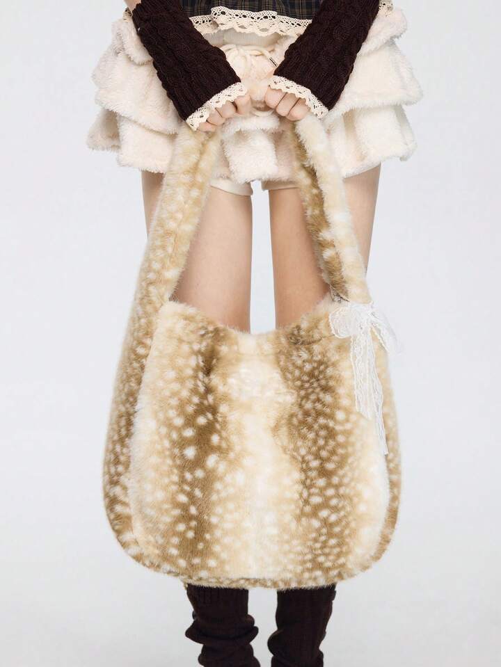 Fairycore 1pc Women's High-Quality Deer Plush Large Capacity Shoulder Tote Bag With Bow Ribbon