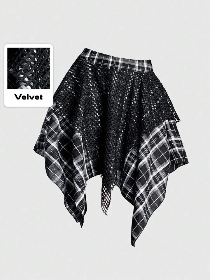 Grunge Punk Punk Apocalypse Music Festival Asymmetrical Patchwork Plaid Mesh Skirt For Women, Streetwear Style