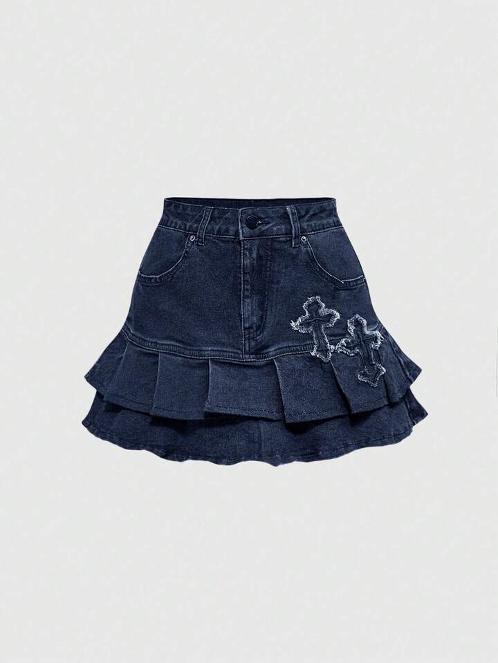Grunge Punk Y2K Vintage Cross Embroidered Frayed Hem Double Layer Black Denim Mini Skirt, Dark Blue