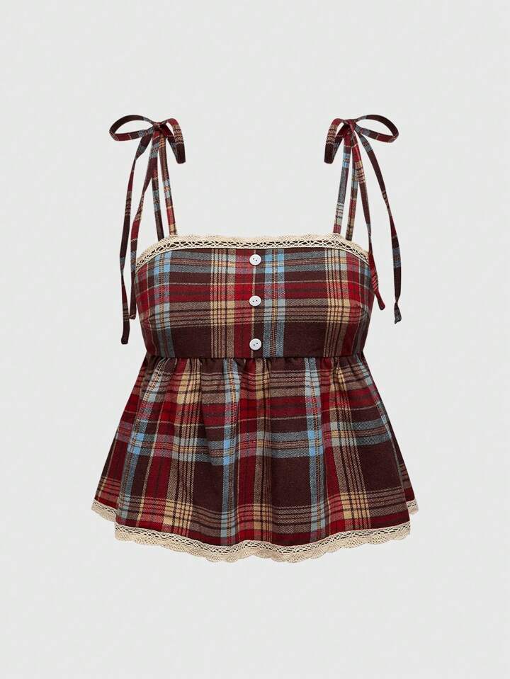 Academia Casual Vintage Button-Down Plaid Front Crisscross Lace Trim Women Tank Top