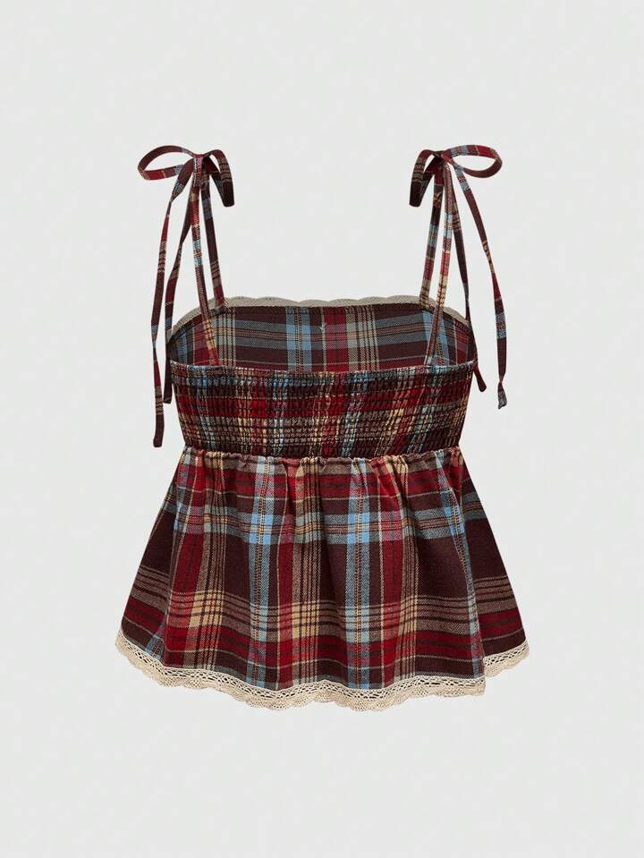 Academia Casual Vintage Button-Down Plaid Front Crisscross Lace Trim Women Tank Top