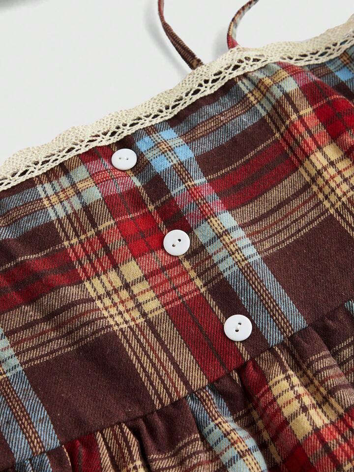 Academia Casual Vintage Button-Down Plaid Front Crisscross Lace Trim Women Tank Top