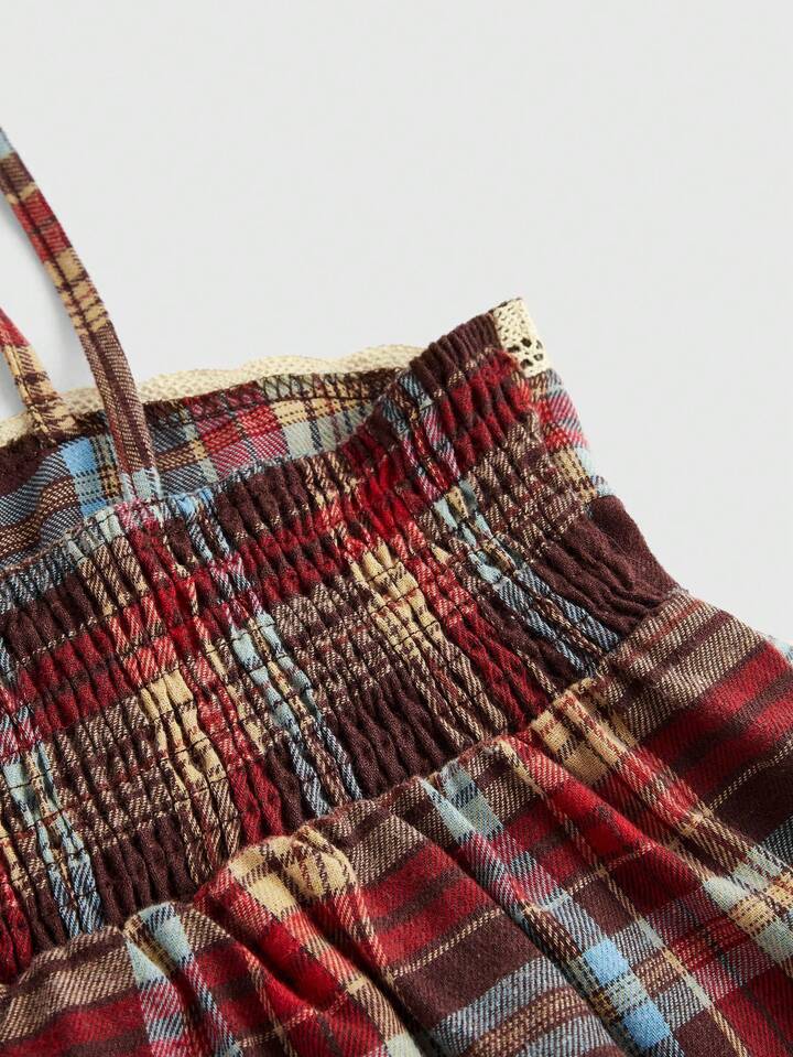Academia Casual Vintage Button-Down Plaid Front Crisscross Lace Trim Women Tank Top 4 Academia Casual Vintage Button-Down Plaid Front Crisscross Lace Trim Women Tank Top